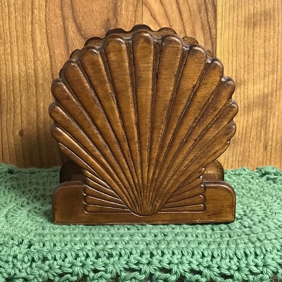 Vintage Carved Wood Seashell Napkin Holder